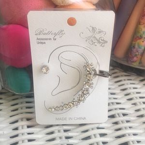 Silver tone left ear cuff & matching stud